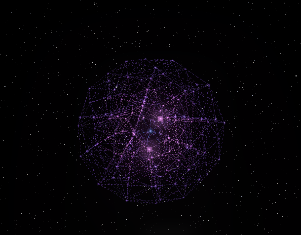 Visualização imersiva de rede neural com conexões luminosas e padrões dinâmicos